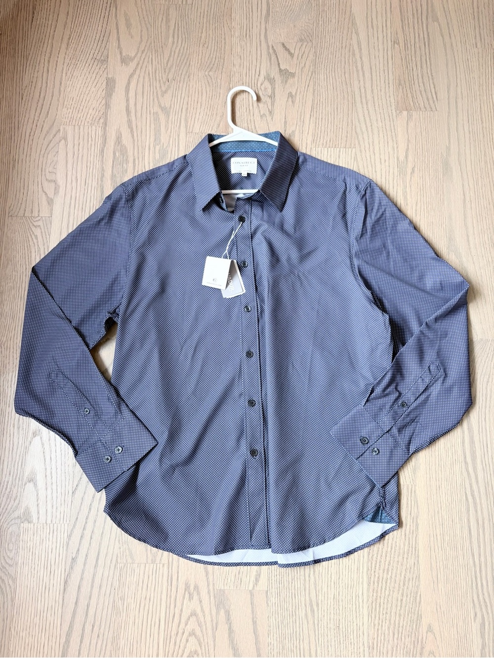 NWT Con.Struct Navy Blue Microdot Slim fit Stretchy Dry Fit Button Down Shirt